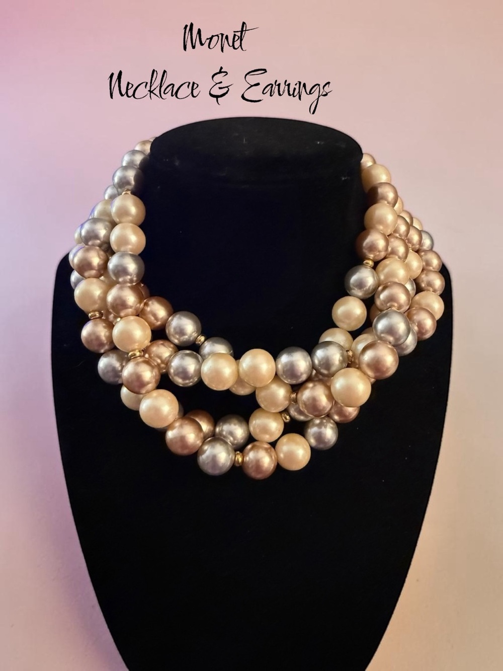 Vintage Monet 60” Triple Tone Faux Pearl Necklace & Matching Signed Bracelet
